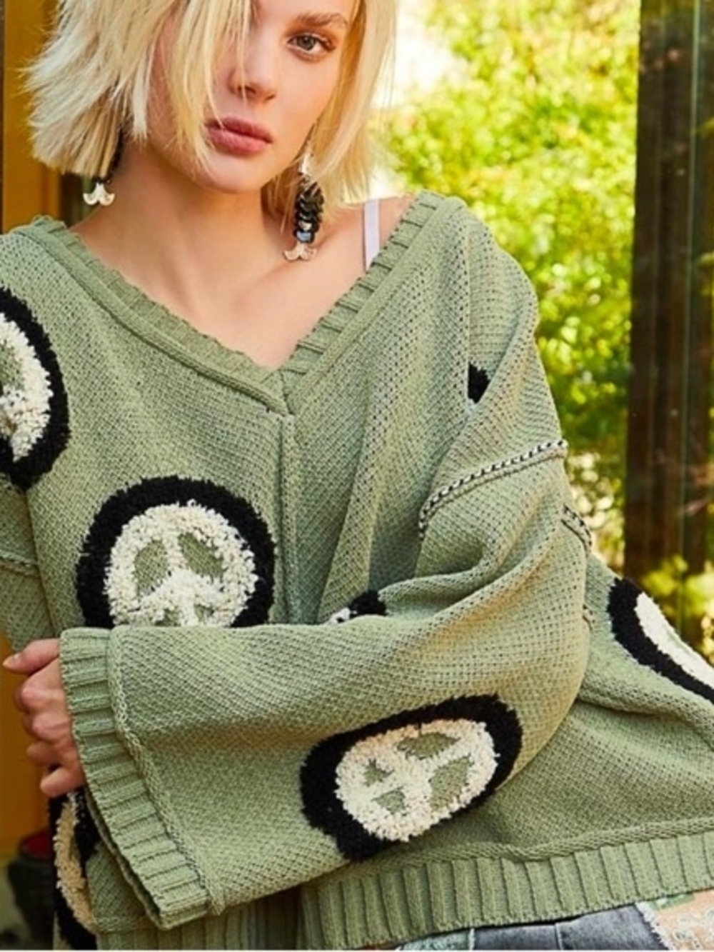 POL Sage Green Knit Sweater With Peace Sign Design.
